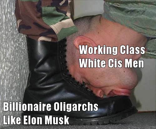 The meme depicts a person with a shocked expression, as if they've been caught off guard. The image is captioned "Billionaire Oligarchs Like Elon Musk" and "White Guys Who Think They're Above The Law". The meme is likely poking fun at the idea that certain individuals, like Elon Musk, are perceived as being above the law or having a sense of entitlement.